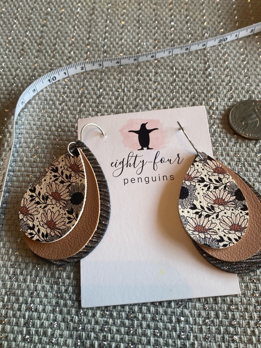 Tan Floral Layered Faux Leather Drop Earrings